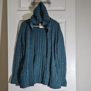 Natural Reflections Blue Green Knit Hooded Open Front Wool Cardigan Sweater M